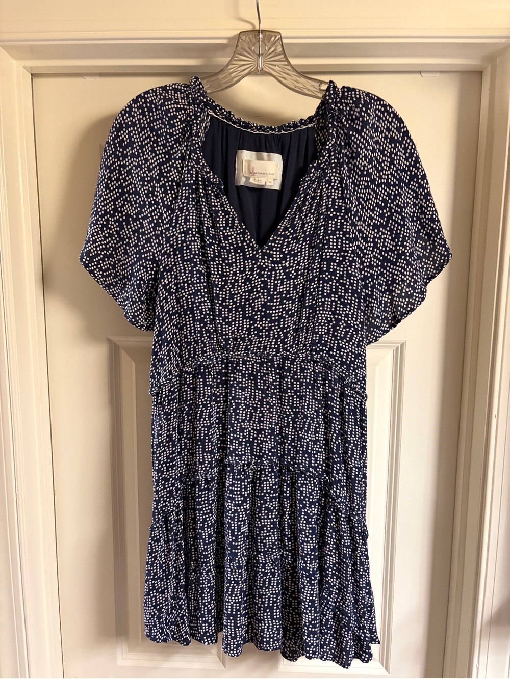 Anthropologie Navy and White Dot Tiered V-Neck Mini Dress